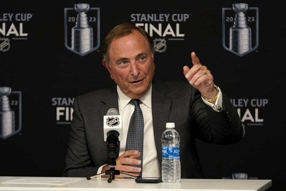 NHL commissioner Gary Bettman speaks prior to Game 1 of the NHL hockey Stanley Cup Finals between the Florida Panthers and the Vegas Golden Knights, Saturday, June 3, 2023, in Las Vegas. (AP Photo/Abbie Parr)