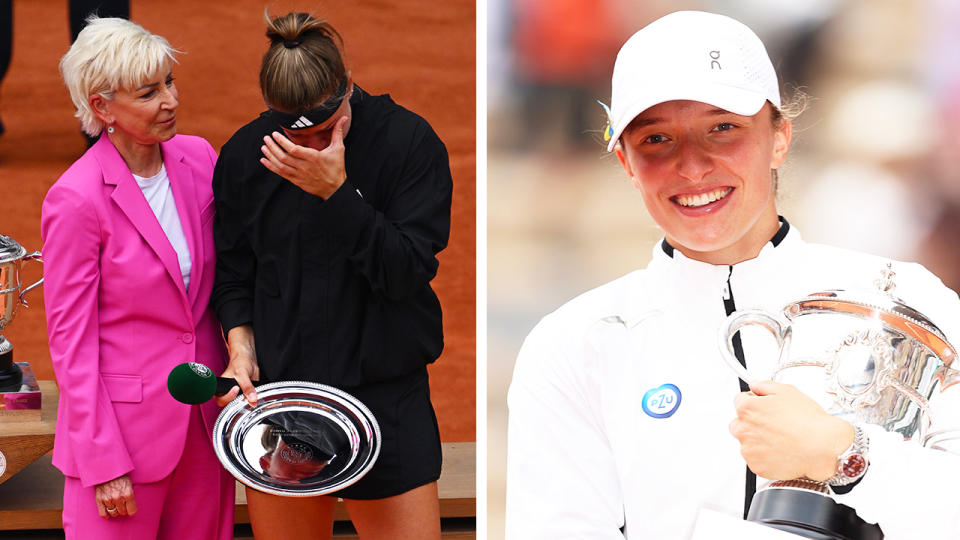 Karolina Muchova cries next to Chris Evert and Iga Swiatek poses with the French Open trophy.