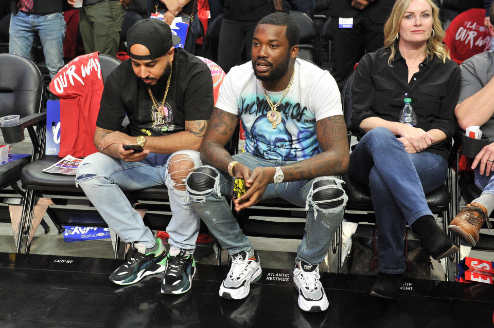 Rapper Meek Mill attends an NBA playoffs basketball game between the Los Angeles Clippers and the Golden State Warriors at Staples Center on April 18, 2019 in Los Angeles, California. (Photo by Allen Berezovsky/Getty Images)