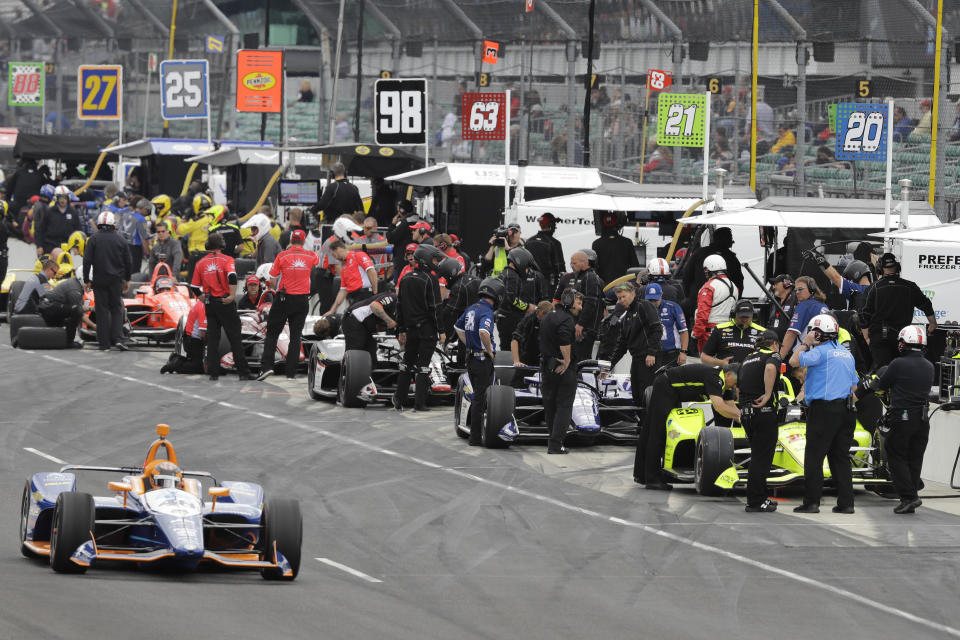 JR Hildebrand (48) leaves the pits during practice for the Indianapolis 500 IndyCar auto race at Indianapolis Motor Speedway, Monday, May 20, 2019, in Indianapolis. (AP Photo/Darron Cummings)