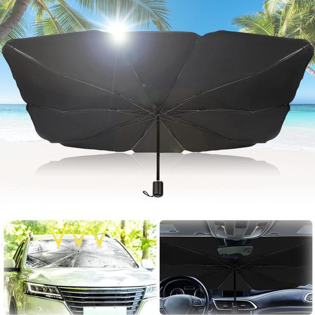 Este parasol para coche con diseño de paraguas se abre y se cierra