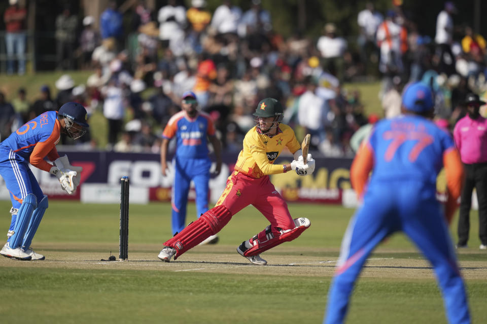 Zimbabwe batsman Brian Bennet in action during the T20 cricket between Zimbabwe and India at Harare Sports club,Sunday, July 7,2024. (AP Photo/Tsvangirayi Mukwazhi)