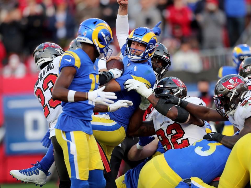 Matthew Stafford celebrates a touchdown against the Tampa Bay Buccaneers.
