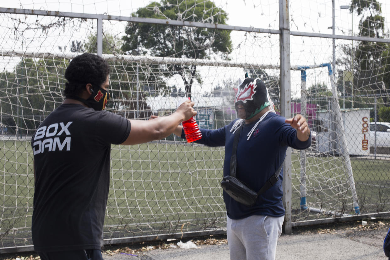 Delivery of pantries in support of vulnerable and the elderly Lucha Libre Wrestlers, who due to the COVID-19 pandemic cannot work in Mexico City, Mexico, on June 17, 2020. These pantries are donated by the Jewish community in Mexico and delivered by &quot;El fantasma&quot;, president of the Mexico City Wrestling Commission, at their offices. (Photo by Cristian Leyva/NurPhoto via Getty Images)