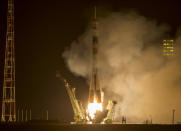 A Soyuz rocket launches toward the International Space Station from Baikonur Cosmodrome in Kazakhstan on March 27, 2015, carrying NASA astronaut Scott Kelly and Russian cosmonauts Mikhail Kornienko and Gennady Padalka. Kelly and Kornienko will