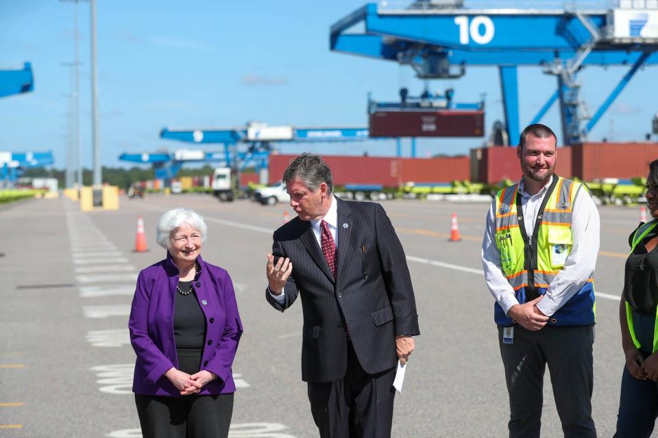 US Secretary of Treasury Janet Yellen talks with Griff Lynch, executive director of the Georgia Ports Authority during a visit to the Port of Savannah Mason Mega Rail Terminal on Friday, September 29, 2023.