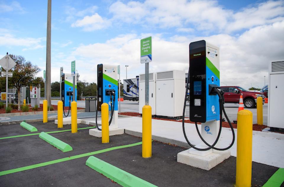 Florida Power & Light has installed about 200 fast-charging stations for electric vehicles, similar to these, as part of its EVolution program.