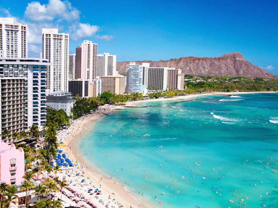 White sand beaches of Hawaii with towering hotels