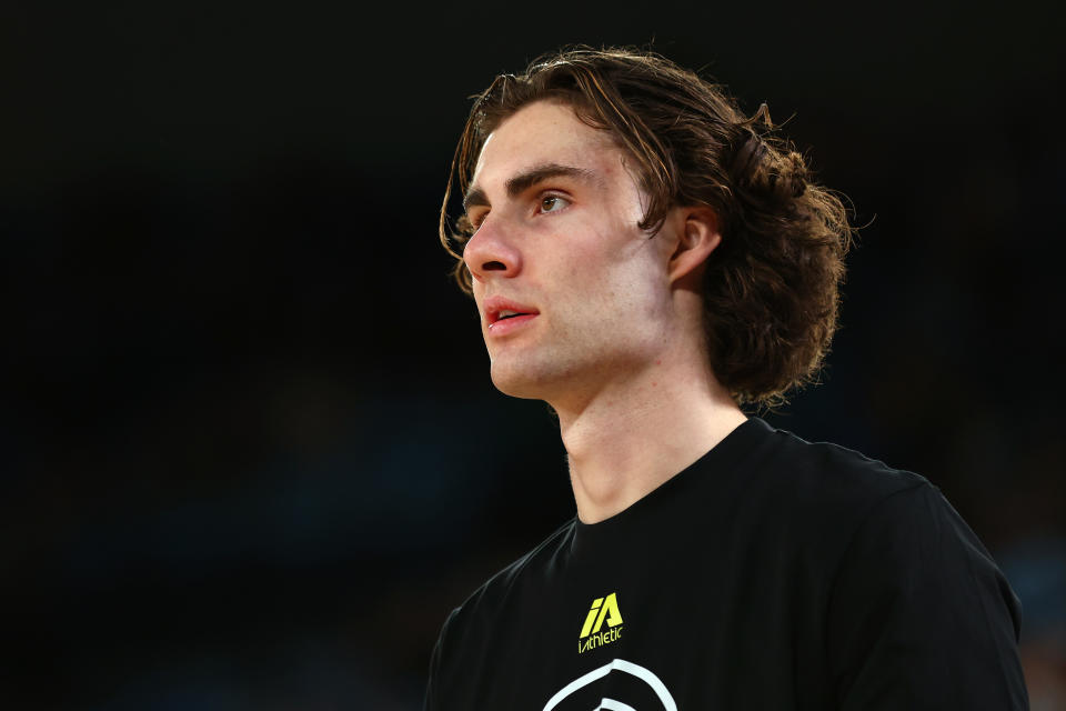 MELBOURNE, AUSTRALIA – AUGUST 16: Josh Giddey of Australia during the match between the Australia Boomers and Brazil at Rod Laver Arena on August 16, 2023 in Melbourne, Australia. (Photo by Graham Denholm/Getty Images)