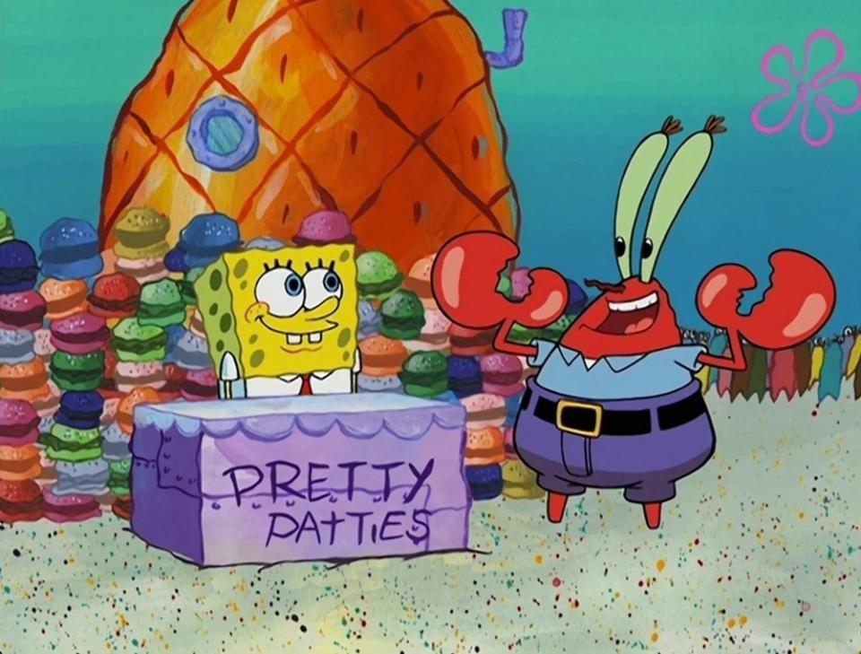 SpongeBob and Mr. Krabs stand behind a stall labeled "Pretty Patties" with colorful burger stacks