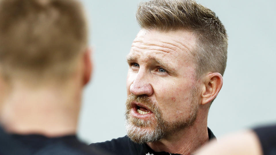 Nathan Buckley has been urged to give Magpies players more freedom for pursue a free-flowing style after last weekend's dour affair against Geelong. (Photo by Dylan Burns/AFL Photos via Getty Images)