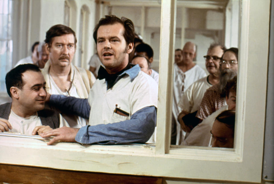American actors Danny De Vito and Jack Nicholson on the set of One Flew Over the Cuckoo's Nest directed by Czech-American Milos Forman. (Photo by Sunset Boulevard/Corbis via Getty Images)