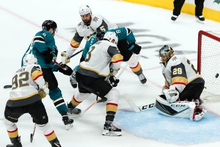 Apr 18, 2019; San Jose, CA, USA; San Jose Sharks center Tomas Hertl (48) scores a goal against Vegas Golden Knights goaltender Marc-Andre Fleury (29) in the third period of game five of the first round of the 2019 Stanley Cup Playoffs at SAP Center at San Jose. Mandatory Credit: John Hefti-USA TODAY Sports