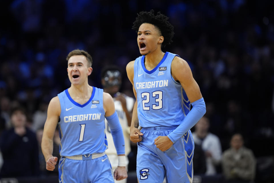 Creighton's Trey Alexander, right, and Steven Ashworth react during the first half of an NCAA college basketball game against Villanova, Saturday, March 9, 2024, in Philadelphia. (AP Photo/Matt Slocum)