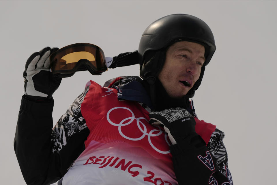 United States' Shaun White reacts during the men's halfpipe qualification round at the 2022 Winter Olympics, Wednesday, Feb. 9, 2022, in Zhangjiakou, China. (AP Photo/Francisco Seco)