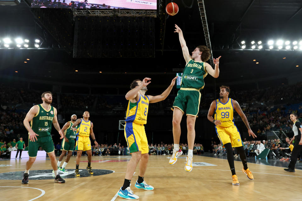 MELBOURNE, AUSTRALIA – AUGUST 16: Josh Giddey of Australia shoots during the match between the Australia Boomers and Brazil at Rod Laver Arena on August 16, 2023 in Melbourne, Australia. (Photo by Graham Denholm/Getty Images)