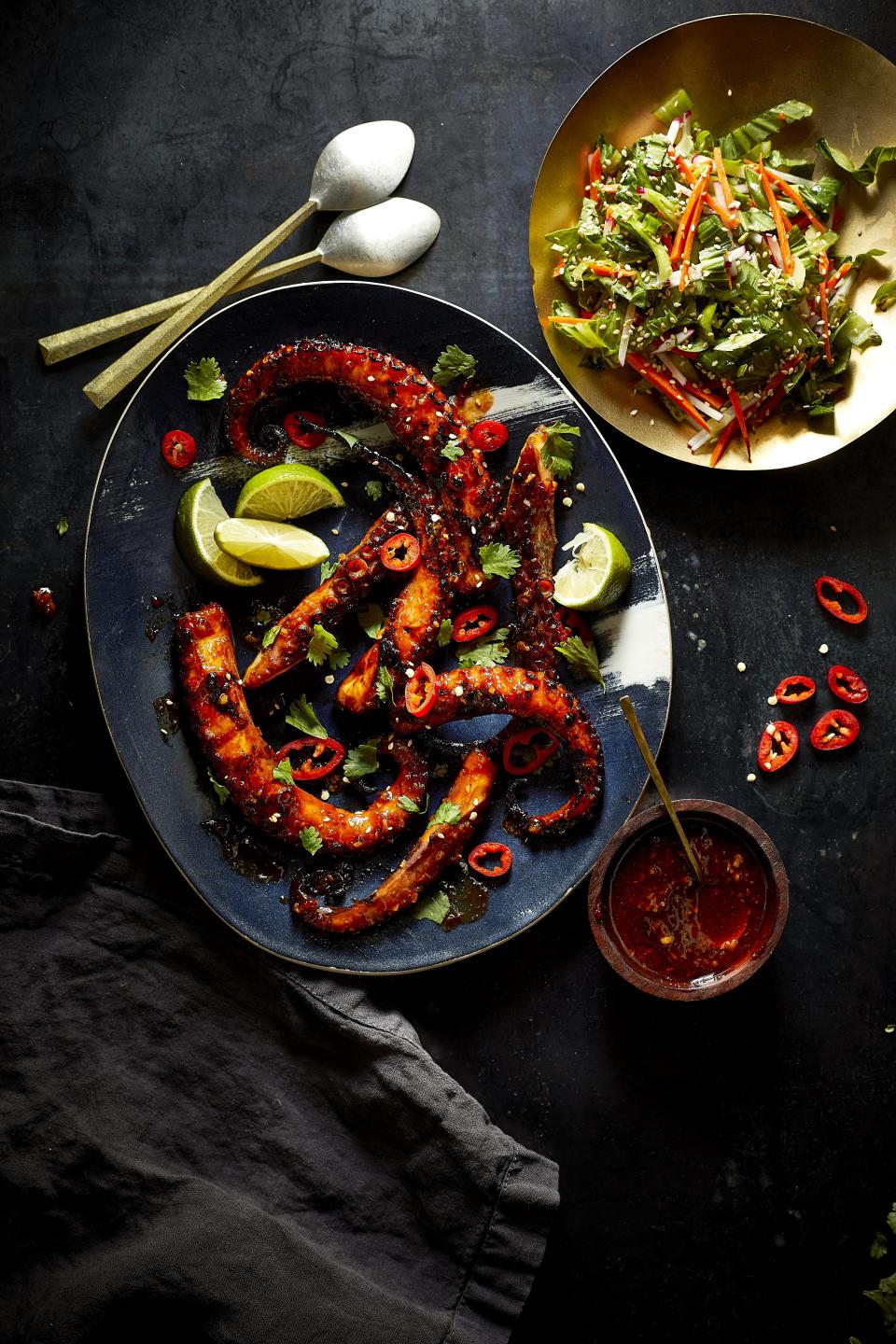 Grilled Octopus with Korean Barbecue Sauce and Baby Bok Choy Slaw