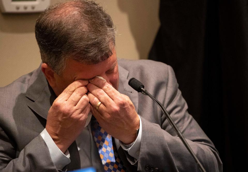 Feb 2, 2023; Walterboro, SC, USA; Chris Wilson, trial attorney, tears up while questioned by prosecutor Creighton Waters during a hearing in the middle of the double murder trial of Alex Murdaugh at the Colleton County Courthouse in Walterboro, Thursday, Feb. 02, 2023. Mandatory Credit: Andrew J. Whitaker /Pool via USA TODAY NETWORK