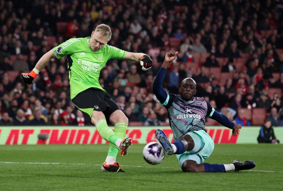 Ramsdale is closed down by Wissa for Brentford’s goal (Reuters)