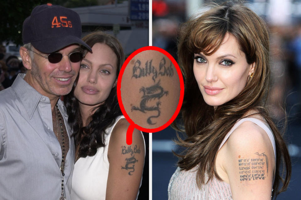 Angelina Jolie with a dragon tattooed on her arm and text that reads "Billy Bob" next to a picture of her current tattoo of her children's birthplace coordinates