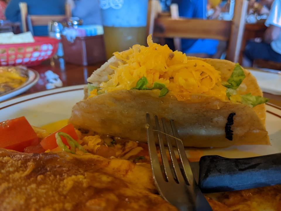 An image of a hard-shelled ground beef taco at Mitla Cafe, the restaurant that inspired Taco Bell.