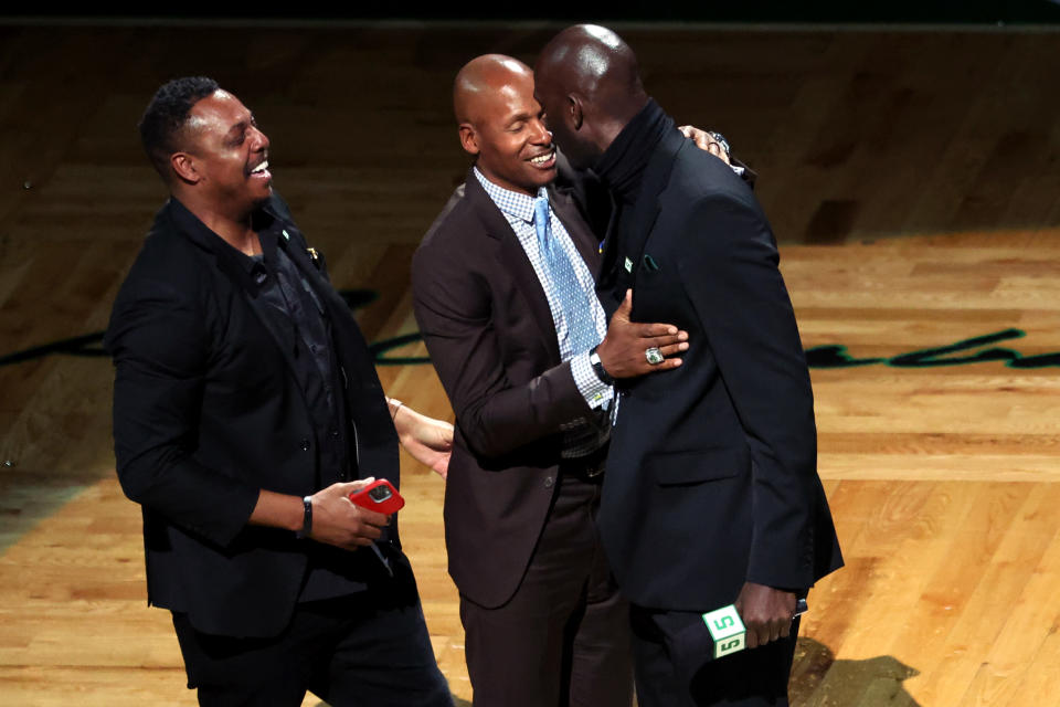 Kevin Garnett, Paul Pierce and Ray Allen were all smiles together on Sunday. (Photo by Maddie Meyer/Getty Images)