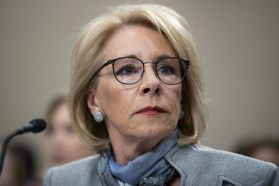 Education Secretary Betsy DeVos is being sued for collecting on defaulted student loans during the coronavirus pandemic. (AP Photo/Alex Brandon, File