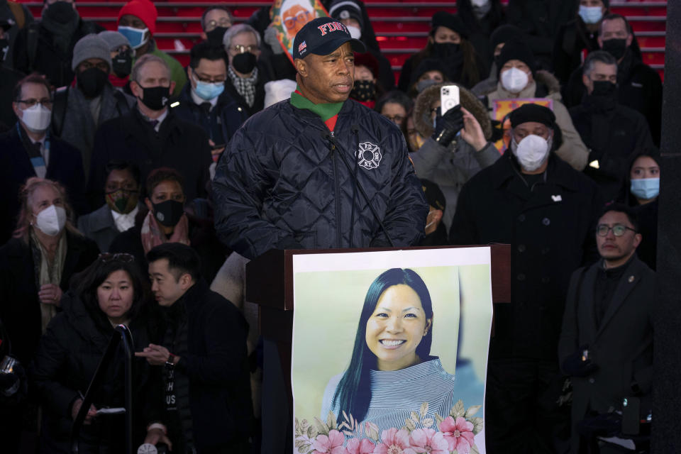 New York City Mayor Eric Adams speaks during a candlelight vigil in honor of Michelle Alyssa Go, a victim of a recent subway attack, at Times Square on Tuesday, Jan. 18, 2022, in New York. (AP Photo/Yuki Iwamura)