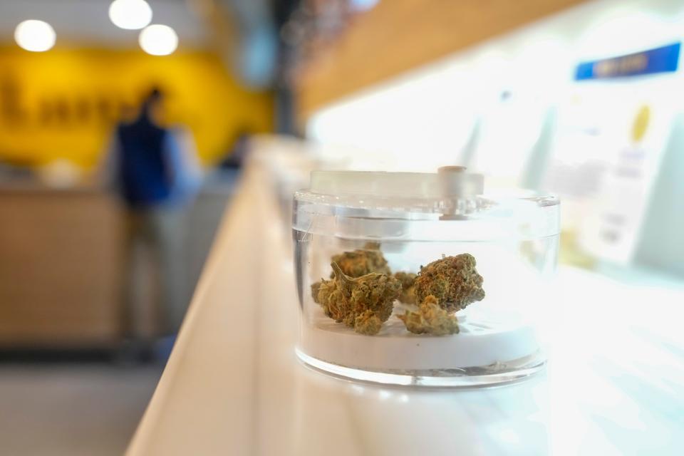 Oct 18, 2023; Monroe, Michigan, USA; Marijuana products are on display at Lume Canabis Co. dispensary, one of its 38 Michigan locations. Michigan voted to legal recreational sales of marijuana in 2018 and is poised to receive consumer competition from Ohio if Issue 2 passes in November.