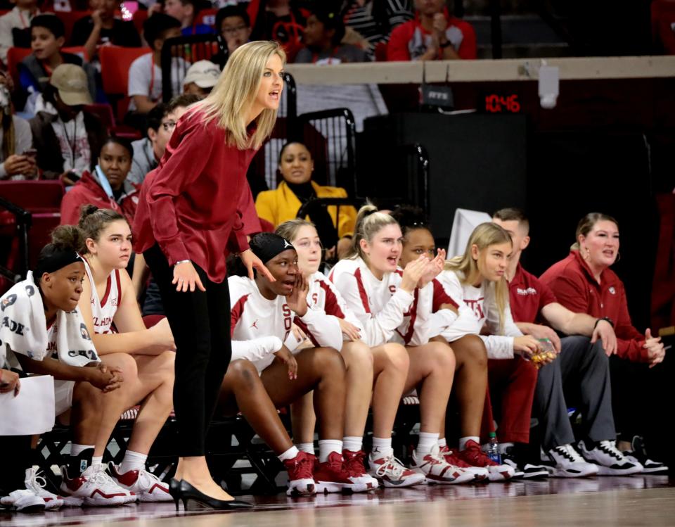 OU coach Jennie Baranczyk instructs her team during a 101-89 win against Arkansas State on Friday at Lloyd Noble Center.