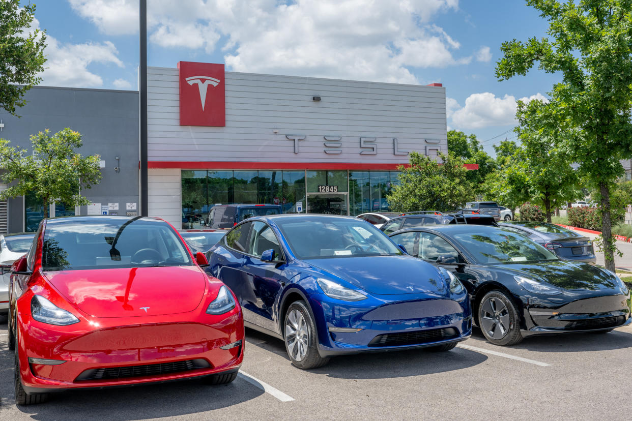 AUSTIN, TEXAS - MAY 31: Tesla Model Y vehicles sit on the lot for sale at a Tesla car dealership on May 31, 2023 in Austin, Texas. Tesla's Model Y has become the world's best selling car in the first quarter of 2023. (Photo by Brandon Bell/Getty Images)