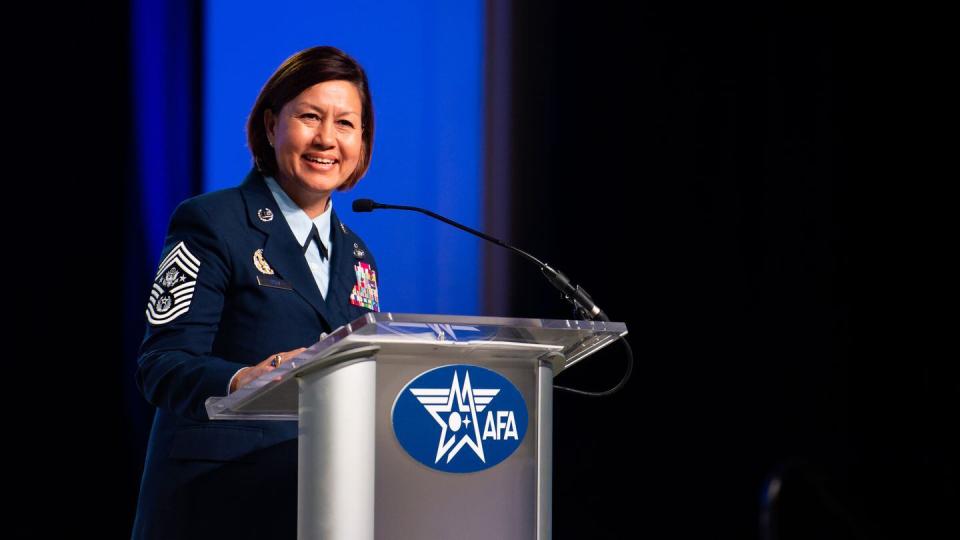 Chief Master Sergeant of the Air Force JoAnne Bass discusses Air Force culture, goals and vision during her 'Airmen of the Future' keynote speech at the 2023 Air and Space Forces Association’s Air, Space and Cyber Conference in National Harbor, Md., Sept. 13. (Staff Sgt. Stuart Bright/Air Force)