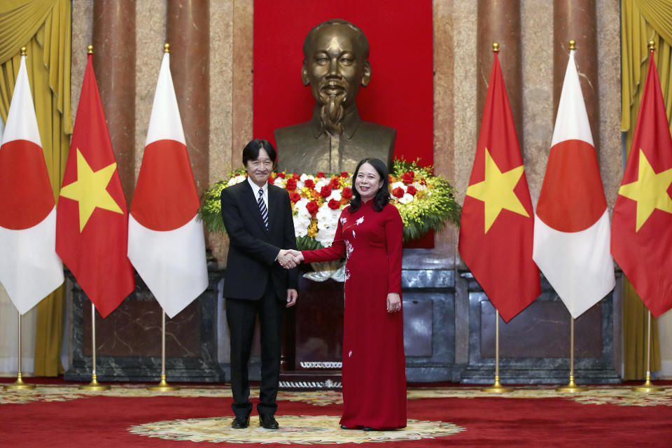 Japanese Crown Prince Akishino and Vietnam's Vice President Vo Thi Anh Xuan shake hands at the Presidential Palace in Hanoi, Vietnam Thursday, Sept. 21, 2023. (AP Photo/Minh Hoang)