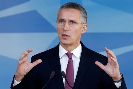 NATO Secretary-General Jens Stoltenberg briefs the media during a NATO defence ministers meeting at the Alliance headquarters in Brussels, Belgium, October 26, 2016. REUTERS/Francois Lenoir