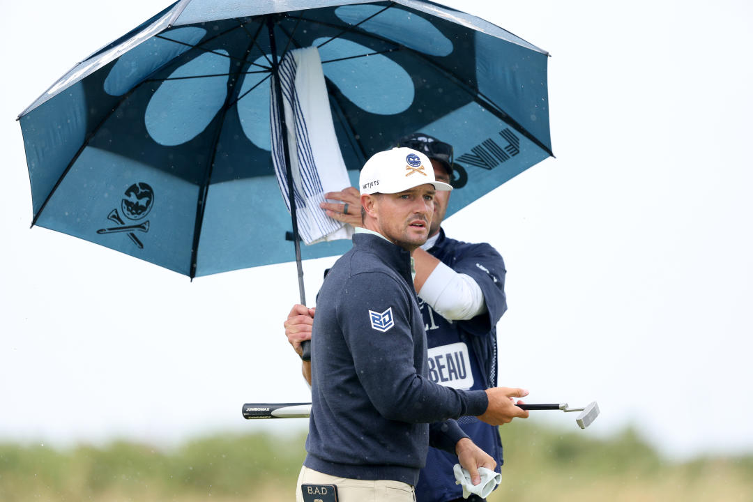 TROON, SCOTLAND - JULY 18: Bryson DeChambeau of the United States looks on from the second green on day one of The 152nd Open championship at Royal Troon on July 18, 2024 in Troon, Scotland. (Photo by Warren Little/Getty Images)