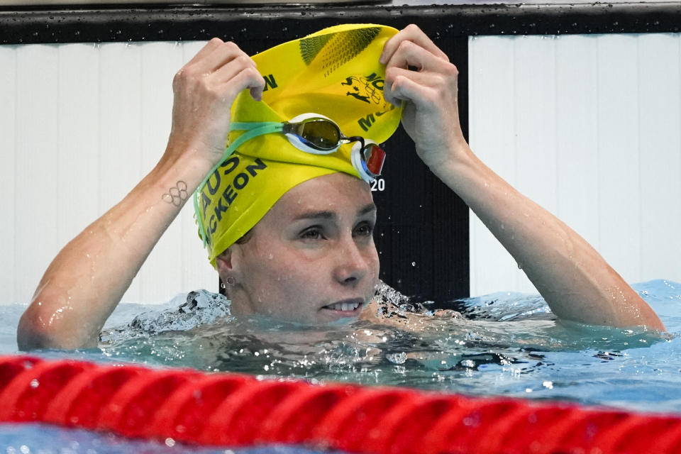 Emma Mckeon, of Australia, finishes a women's 50-meter freestyle heat at the 2020 Summer Olympics, Friday, July 30, 2021, in Tokyo, Japan. (AP Photo/Jae C. Hong)