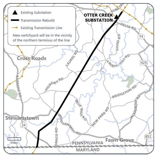 This map shows the path of PPL's proposed Collinsville 500-kilovolt powerline project.