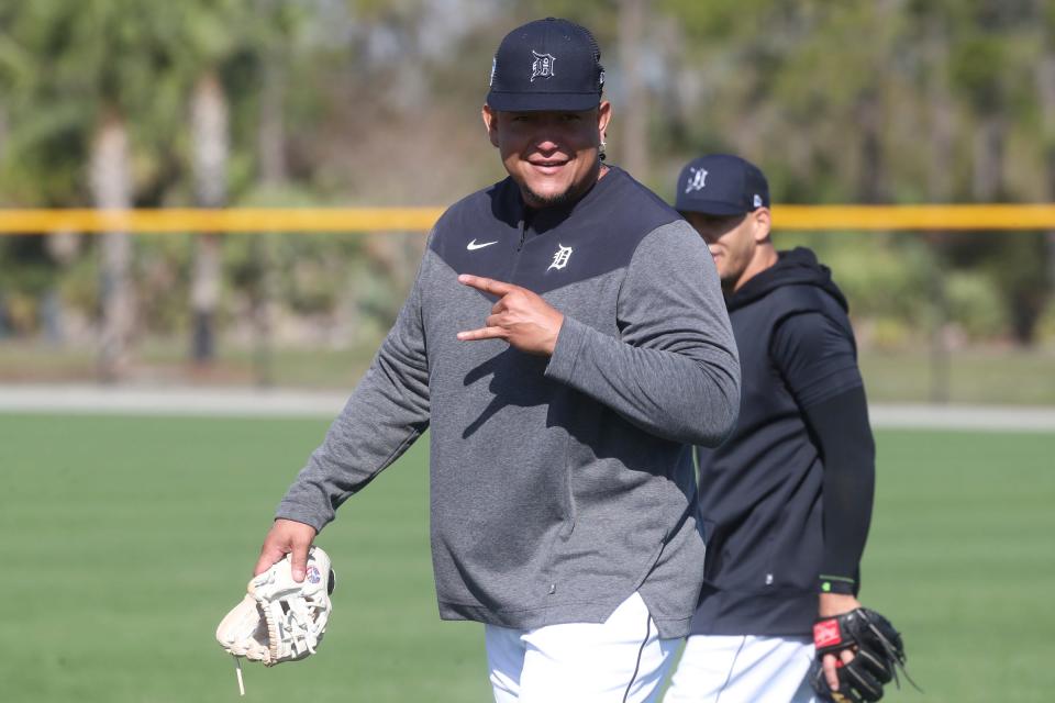 Tigers DH Miguel Cabrera motions to fans while walking on the field during spring training on Monday, Feb. 20, 2023, in Lakeland, Florida.