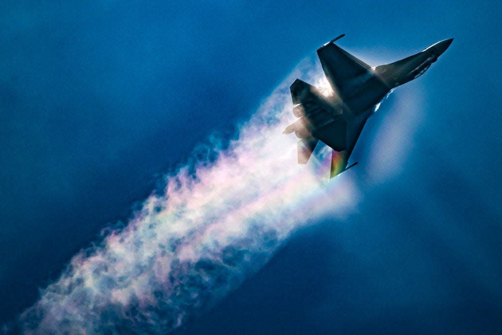 J-16 fighter jet performs in the sky during the 14th China International Aviation and Aerospace Exhibition, or Airshow China 2022, on November 9, 2022 in Zhuhai, Guangdong Province of China