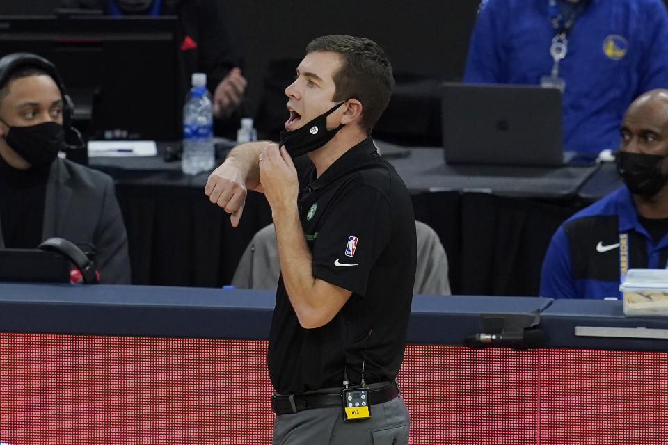 Boston Celtics coach Brad Stevens yells to players during the first half of the team's NBA basketball game against the Golden State Warriors in San Francisco, Tuesday, Feb. 2, 2021. (AP Photo/Jeff Chiu)