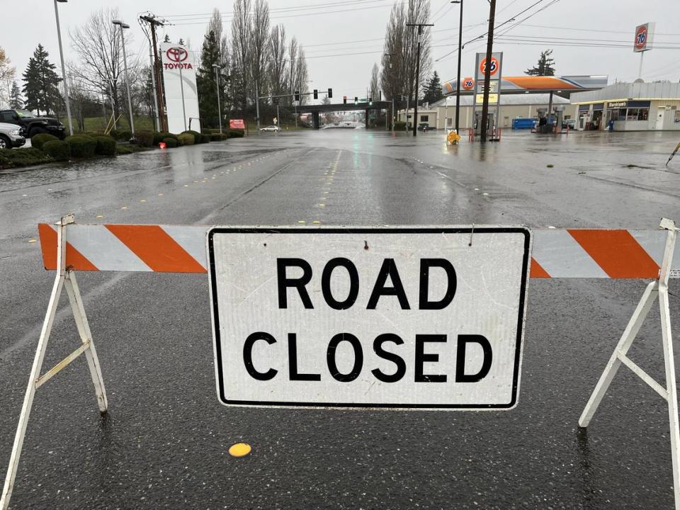 Iowa Street in Bellingham, Wash., is once again beginning to flood near Interstate 5 on Sunday, Nov. 28, 2021.