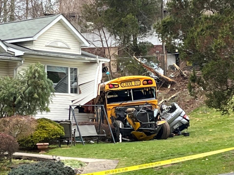 A school bus crashed into a home in Ramapo, NY, on Thursday, Dec 1, 2022.