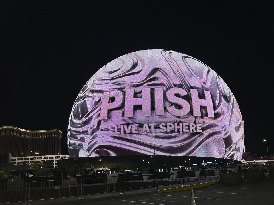 The exterior of the Sphere is pictured on Friday, April 19, 2024, in Las Vegas. The band Phish started its four-night residency on Thursday. (AP Photo/Josh Cornfield)