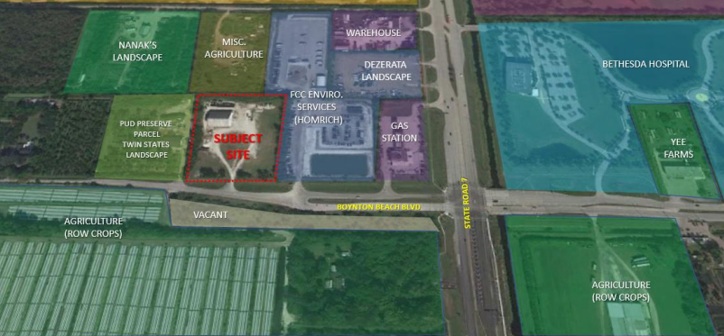 Map shows the site where a developer is seeking to park vehicles for a business involved in transporting artificial surfaces for football and baseball teams. The building potential is 100,000 square feet.