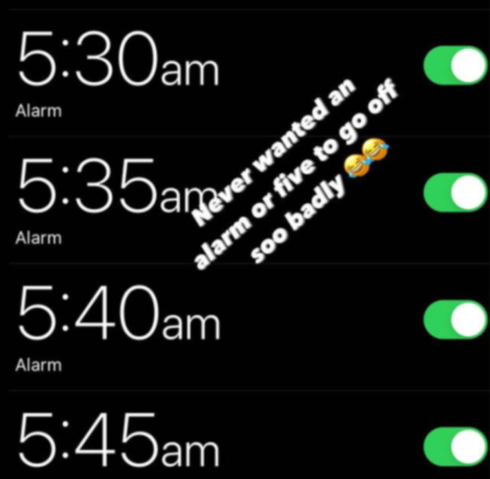 Pictured here, David Warner's Instagram story about setting five alarms.