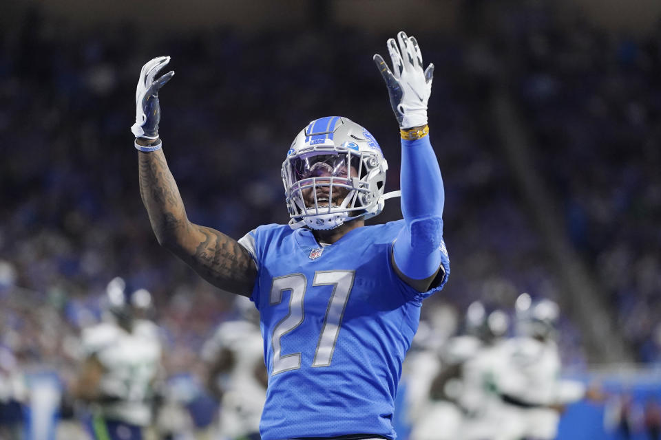 Detroit Lions cornerback Bobby Price looks toward the fans during the second half of an NFL football game against the Seattle Seahawks, Sunday, Oct. 2, 2022, in Detroit. (AP Photo/Paul Sancya)