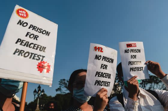 Protesters demonstrate against Section 112, Thailand's royal defamation law, in Bangkok on Jan. 26, 2023.<span class="copyright">Varuth Pongsapipatt—SOPA Images/LightRocket/Getty Images</span>