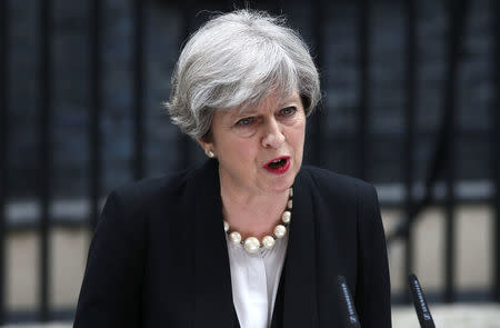 Britain's Prime Minister Theresa May speaks outside 10 Downing Street in London, May 23, 2017. REUTERS/Neil Hall