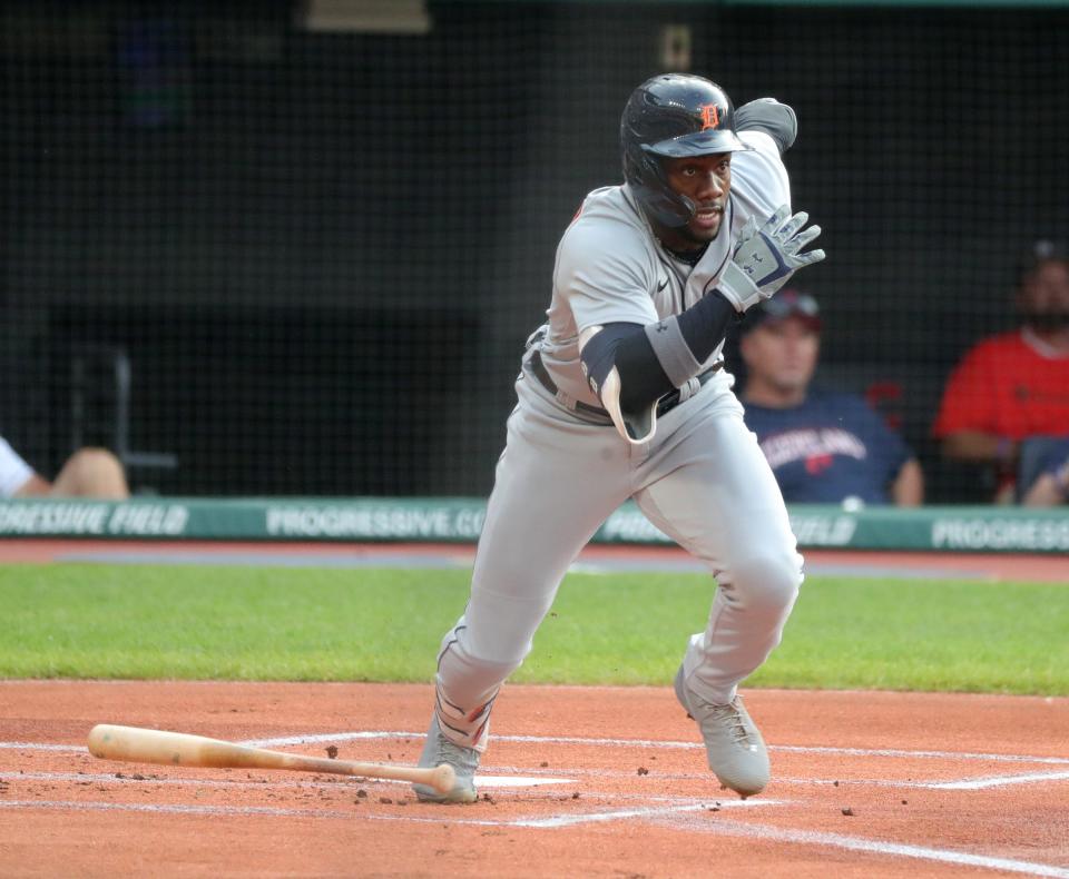 Detroit Tigers center fielder Akil Baddoo (60) grounds out during first inning action against  Cleveland Friday, August 6, 2021 at Progressive Field in Cleveland, OH.