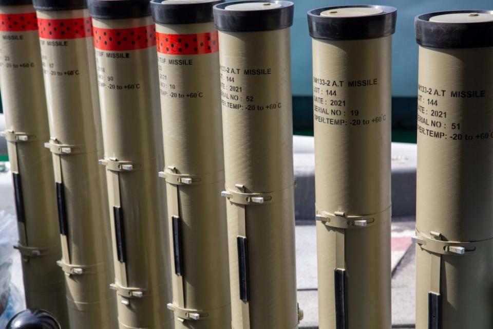 Anti-tank guided missile tubes seized by the United Kingdom Royal Navy sit pierside during inventory at a military facility in the U.S. 5th Fleet area of operations, Feb. 26, 2023.